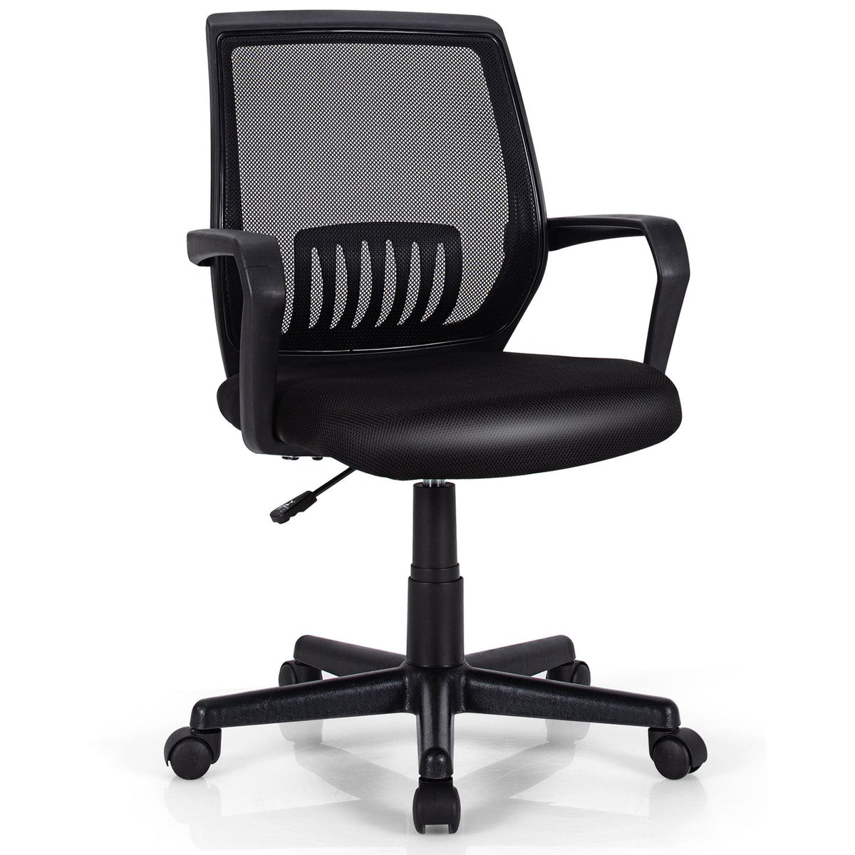 Black office chair with a mesh back, curved armrests, padded seat and five-wheel base.