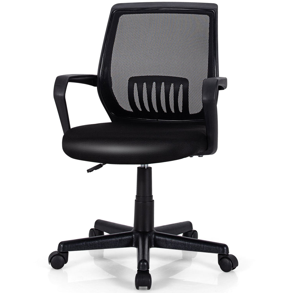 Straight-on view of a black mesh office chair with armrests and a five-wheel base.