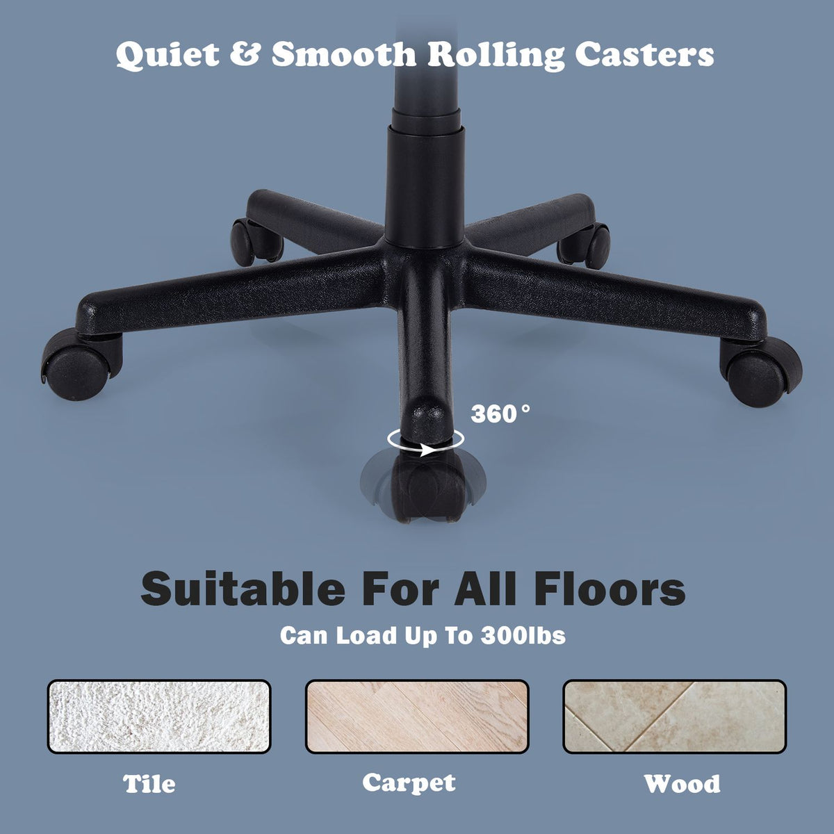 Close-up of the black chair base and five rolling casters against a blue-gray background.
