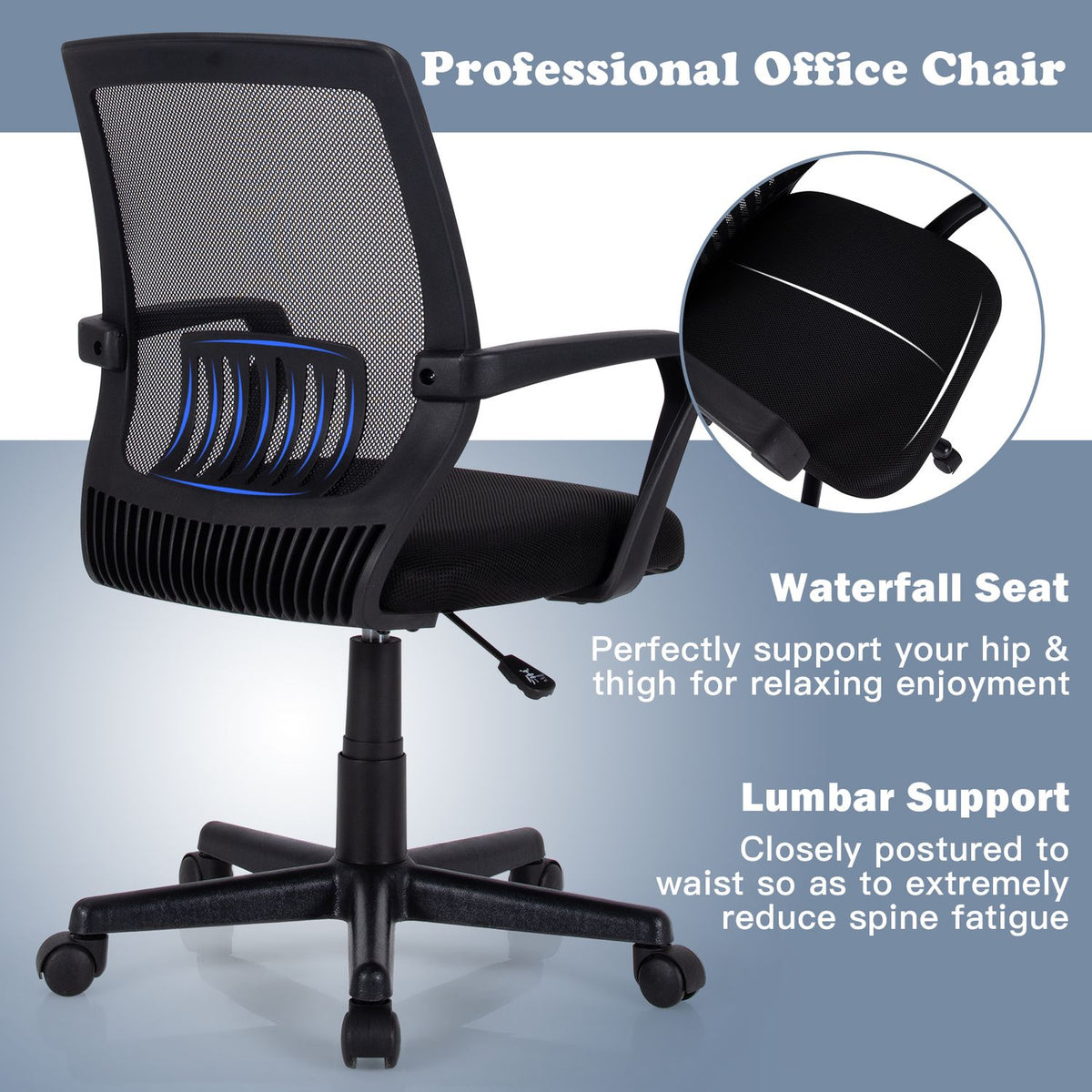 Black mesh office chair with armrests and a wheeled base, shown with a circular close-up of the seat.