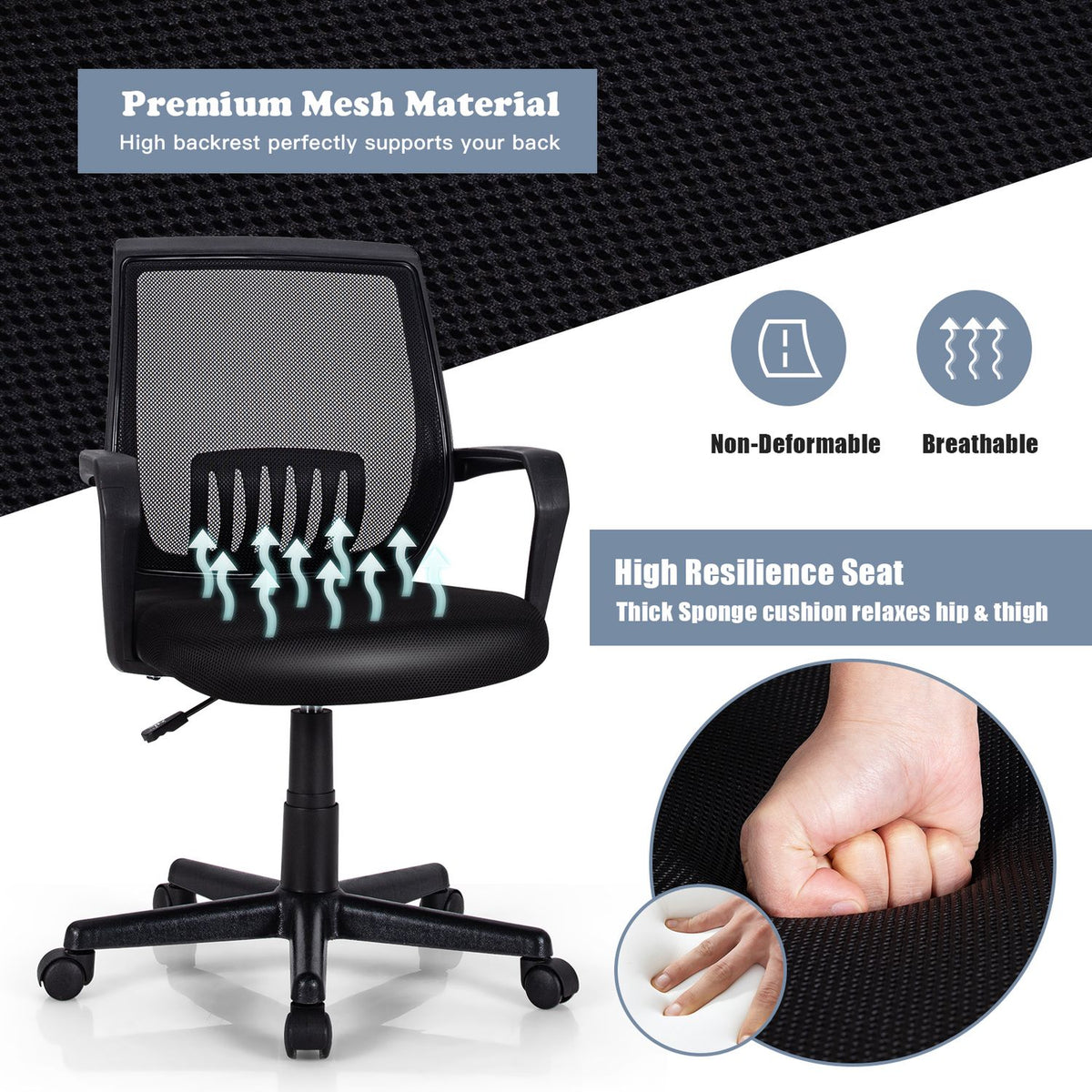 Black mesh office chair beside close-ups showing the mesh back and a hand pressing the seat fabric.