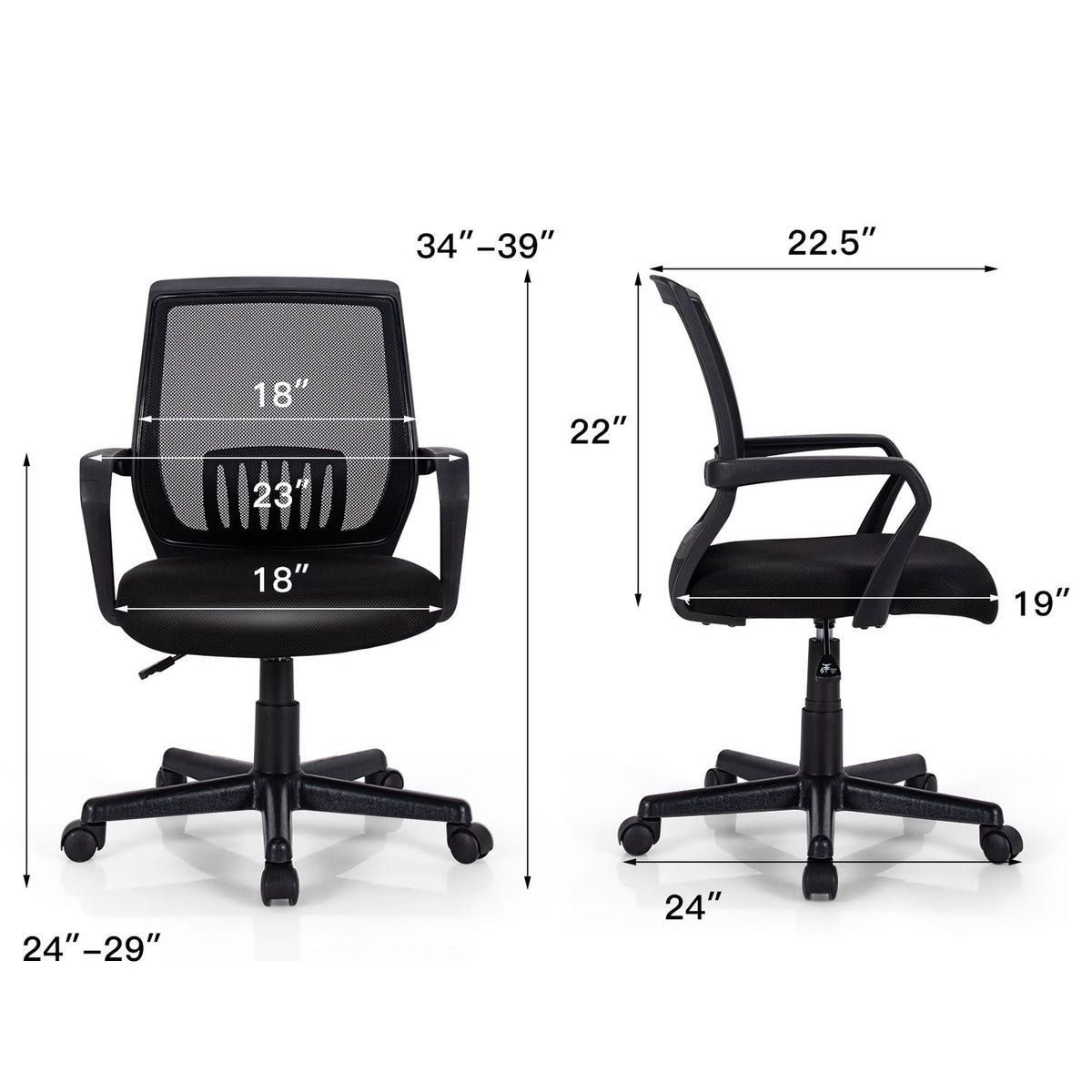 Front and side views of a black mesh office chair with measurement arrows around it.