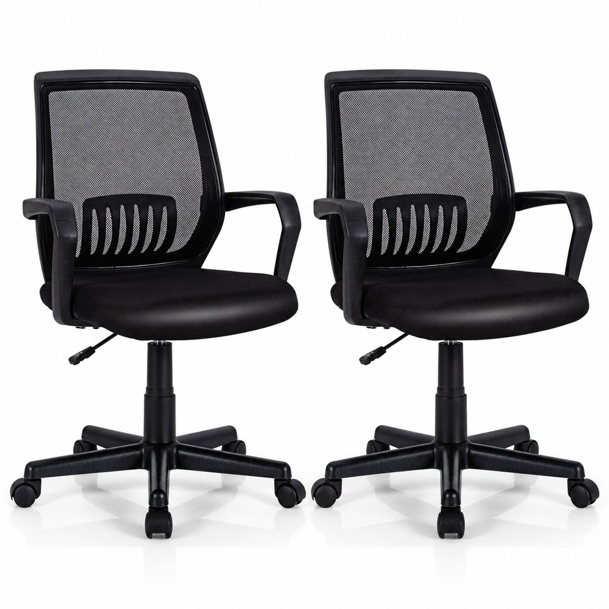 Two matching black mesh office chairs shown side by side against a white background.