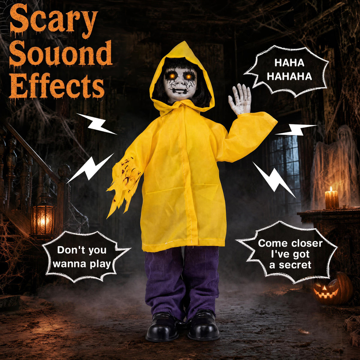 Animatronic Haunted Boy with Light Up Eyes and Creepy Sound