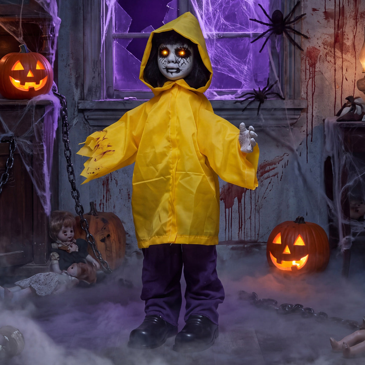 Animatronic Haunted Boy with Light Up Eyes and Creepy Sound