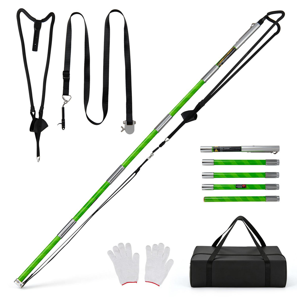 Green telescoping launcher displayed with black straps, white gloves, and a black carry bag.