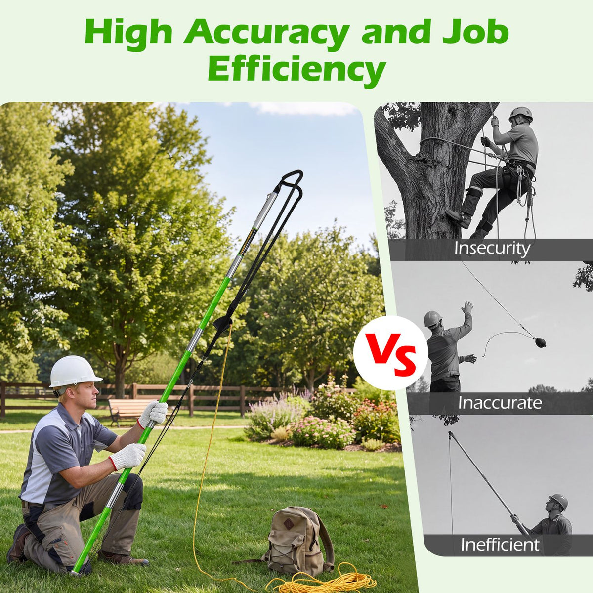 A worker uses the launcher beside a tree, alongside smaller images of climbing and throwing methods.