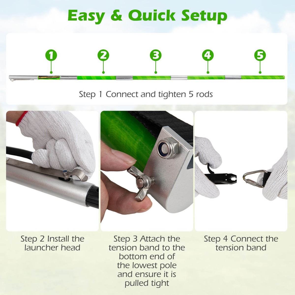 Five green-and-silver launcher sections and close-ups of gloved hands joining the parts.