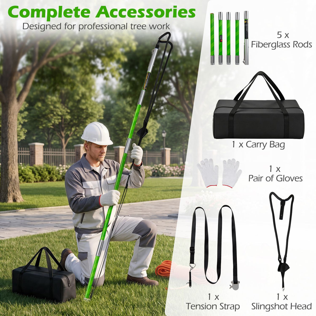 A kneeling worker holds the green launcher outdoors beside a bag, rods, gloves, straps, and a slingshot-shaped piece.