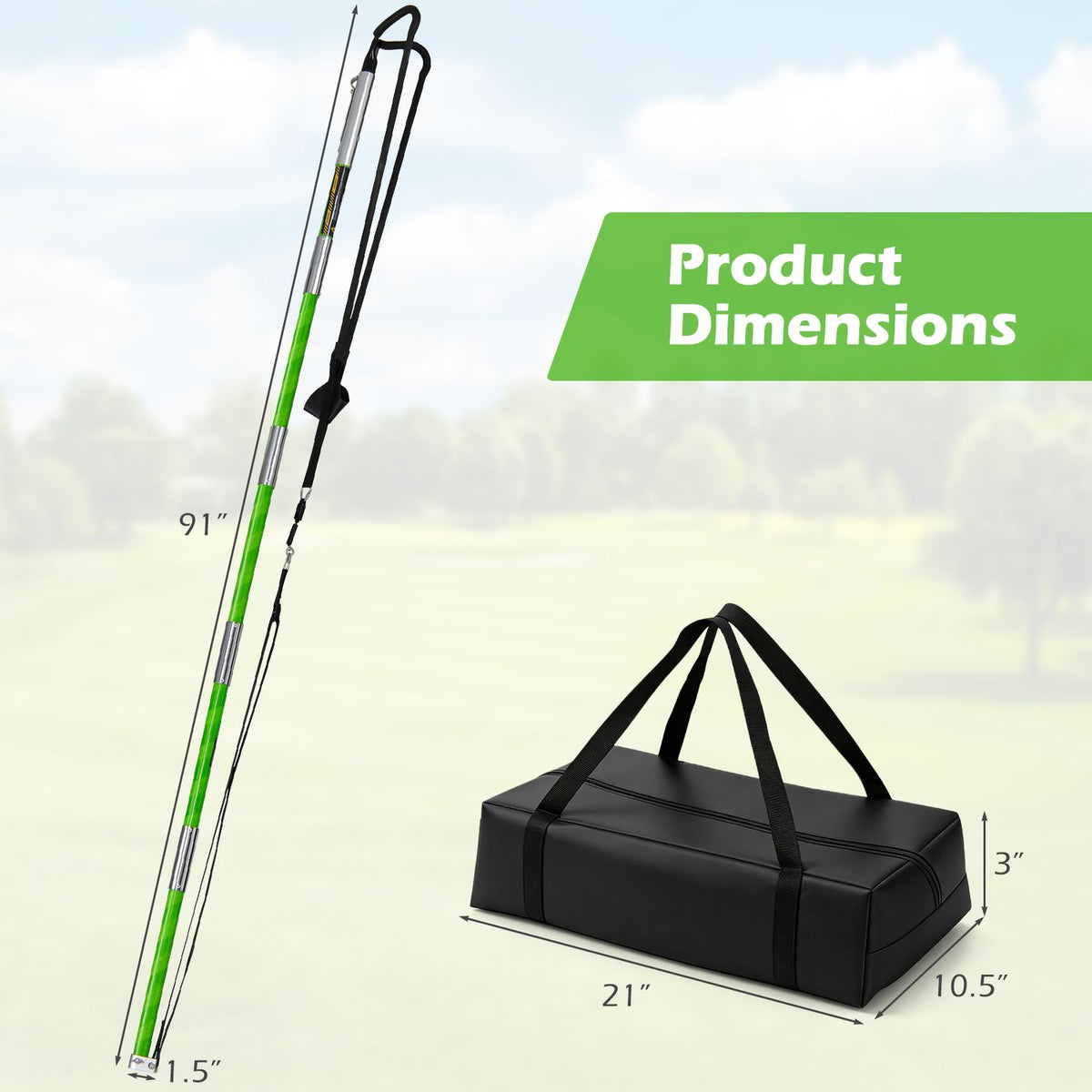 Green launcher and black carry bag shown separately against a soft outdoor background.