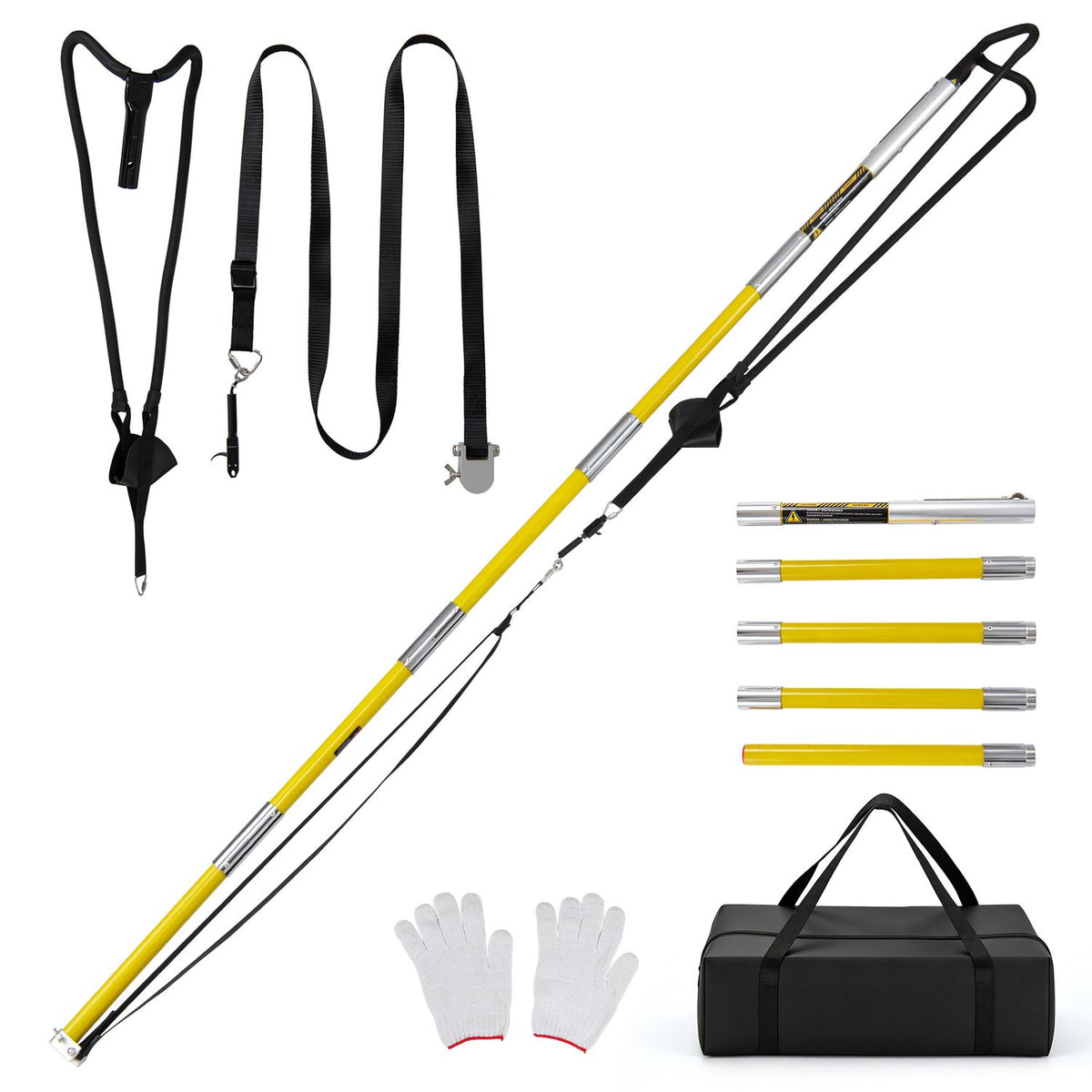 Yellow-and-silver pole launcher with black straps, gloves, and a black carrying bag arranged on white.