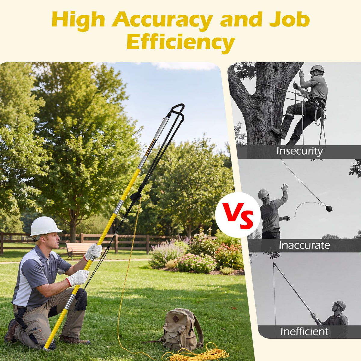 A worker uses the pole launcher beside a tree, alongside grayscale scenes of other tree-work methods.
