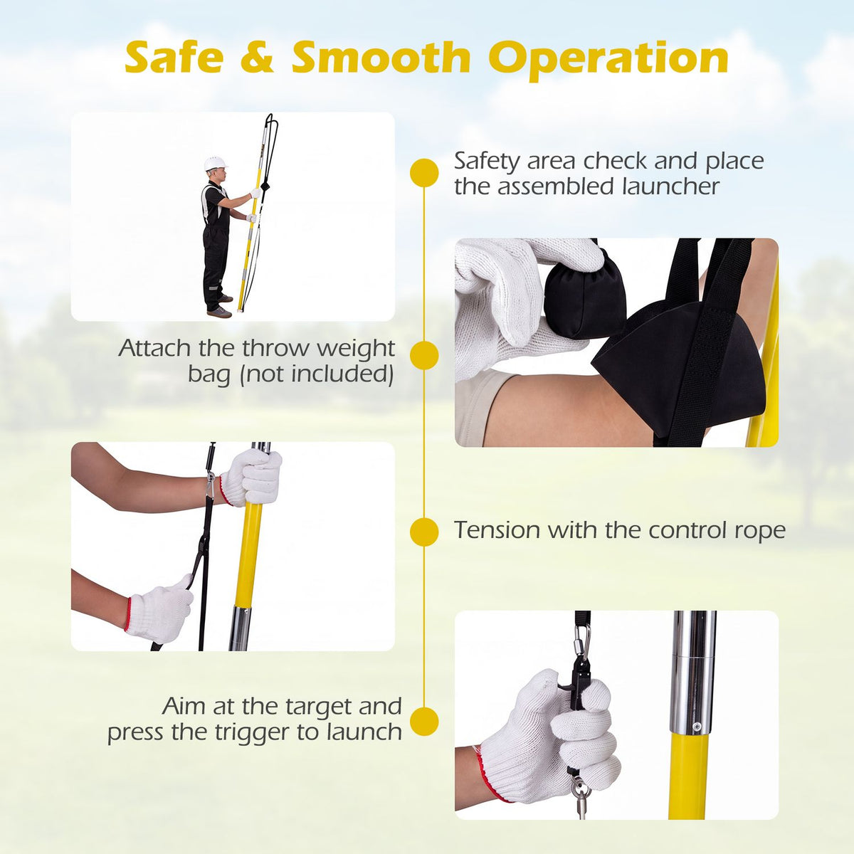 A series of photos shows a person holding the launcher, tensioning its control rope, and aiming it.