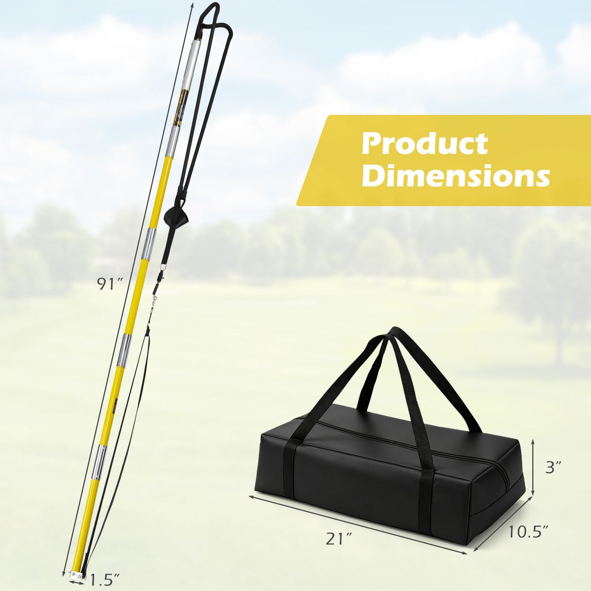 Pole launcher and black carrying bag shown with measurement lines against a blurred outdoor background.
