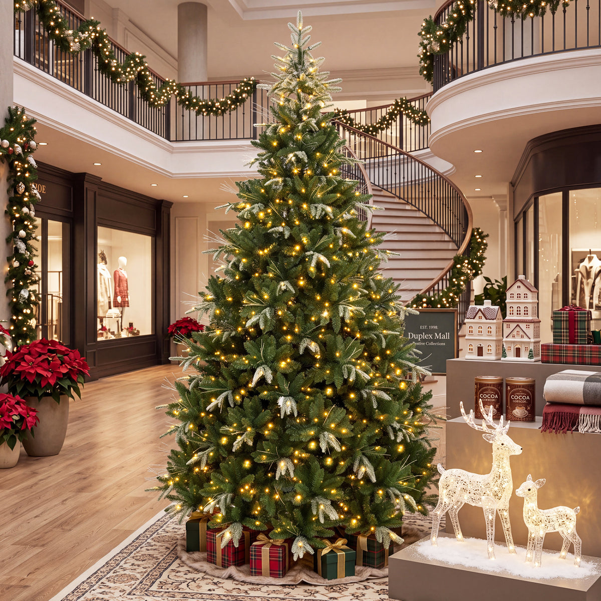 Decorated green Christmas tree with warm lights in an elegant foyer beside a curved staircase
