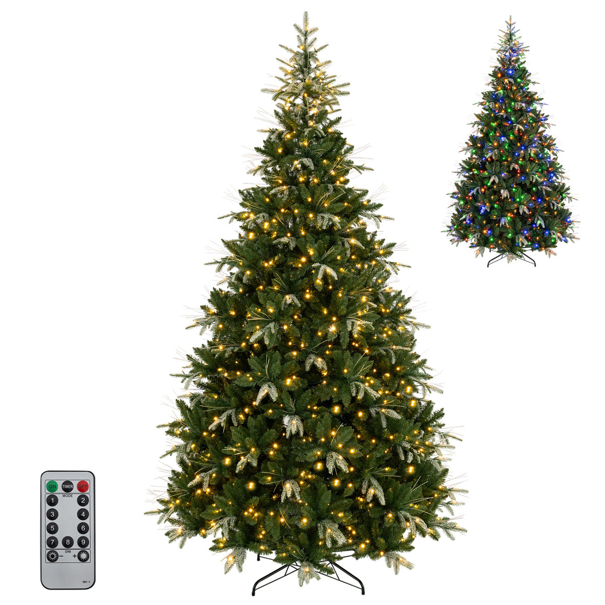 Green artificial Christmas tree with warm-white lights and remote shown on a white background