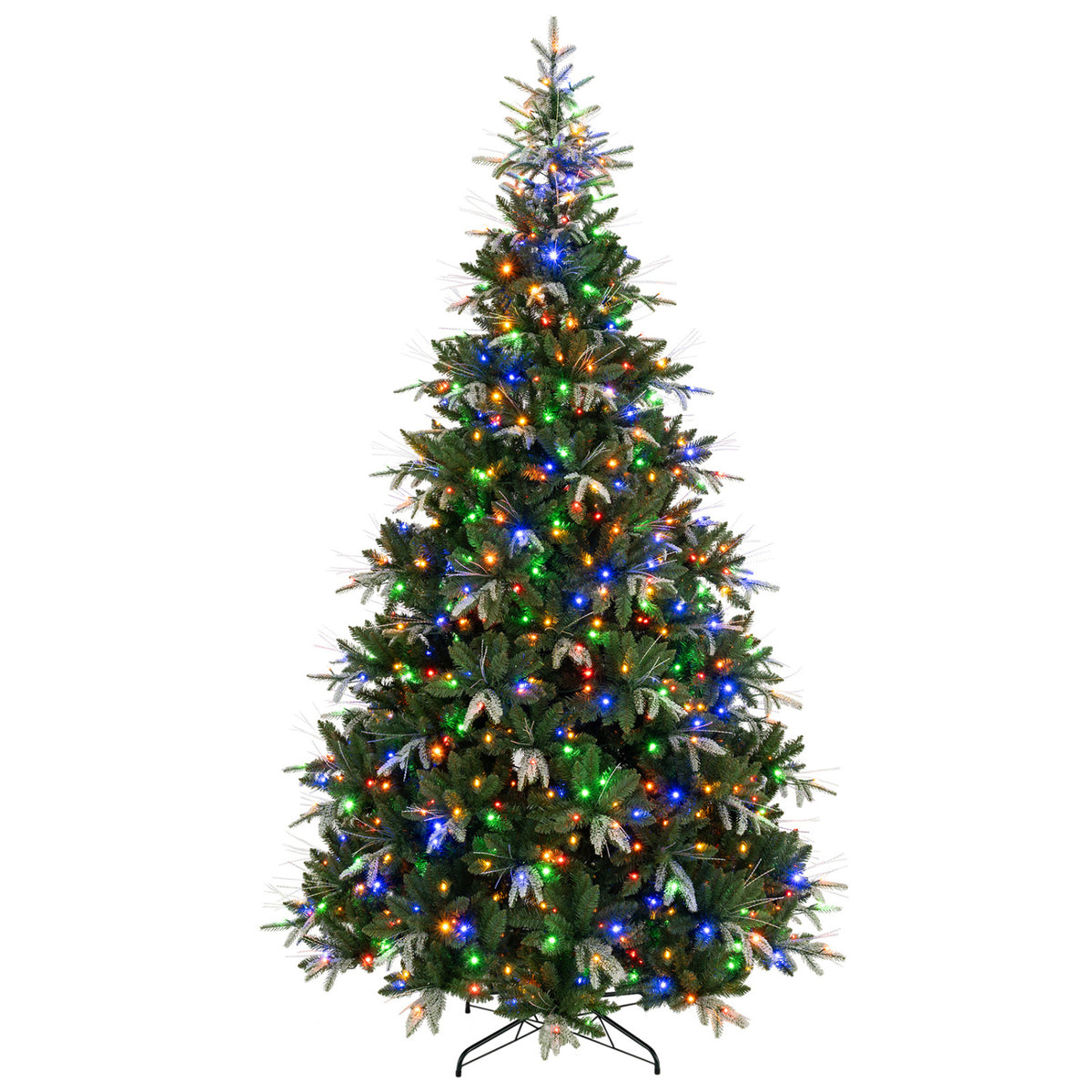 Green artificial Christmas tree glowing with multicolor lights against a white background