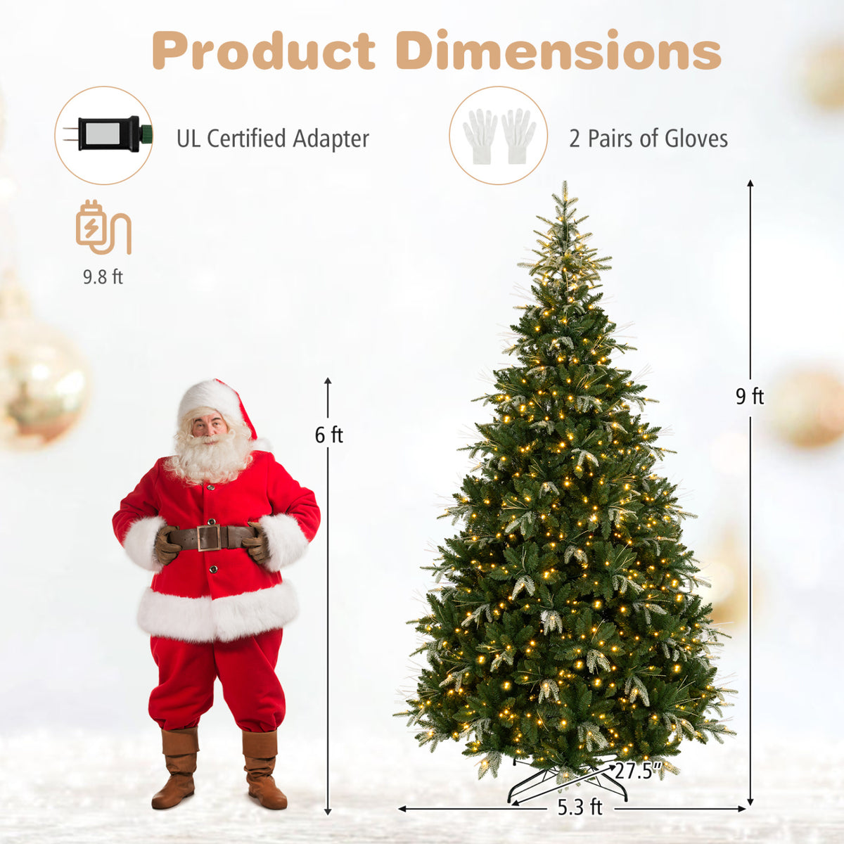 Green illuminated Christmas tree shown with dimensions and accessories on a light background