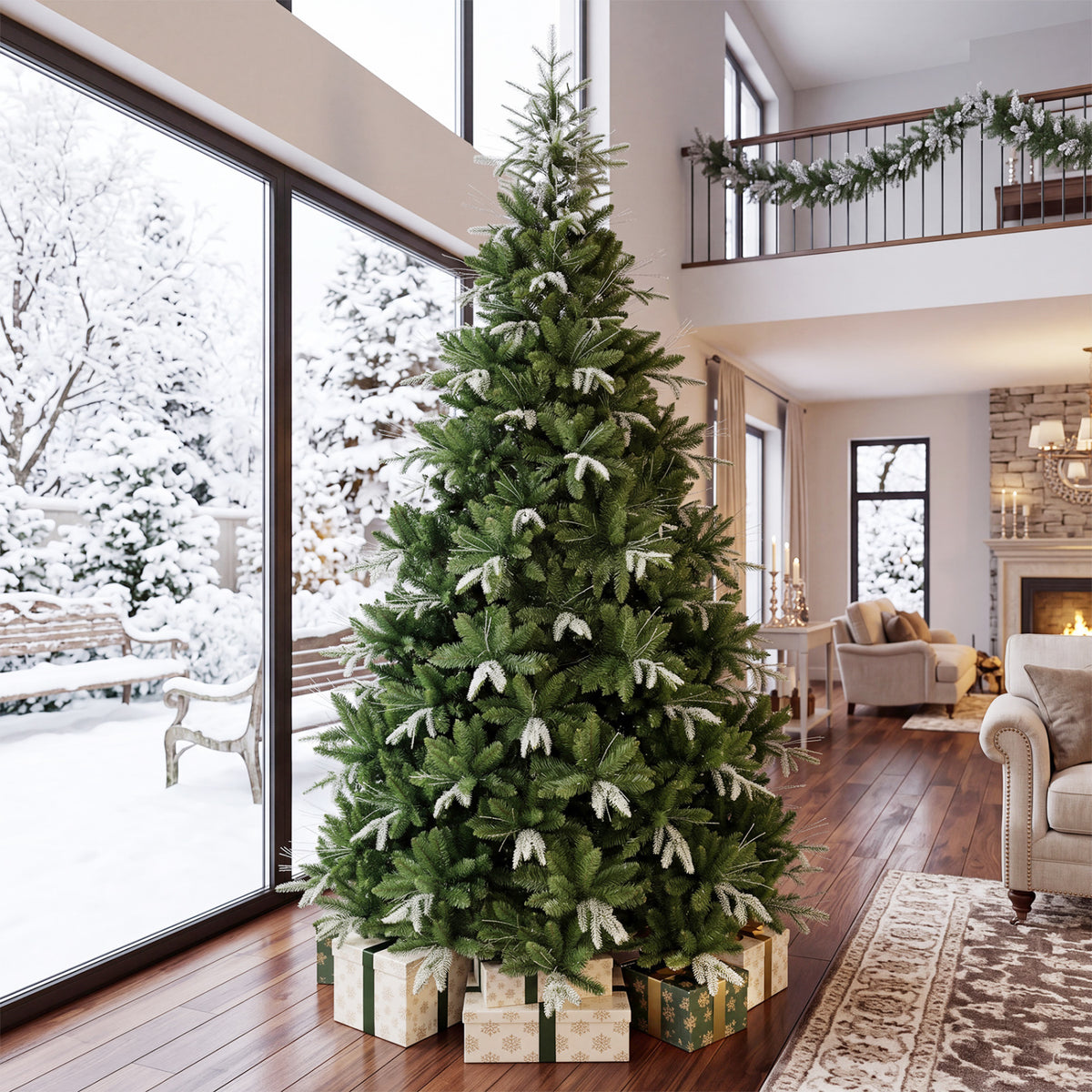 Unlit green artificial Christmas tree with pale-tipped branches in a bright living room