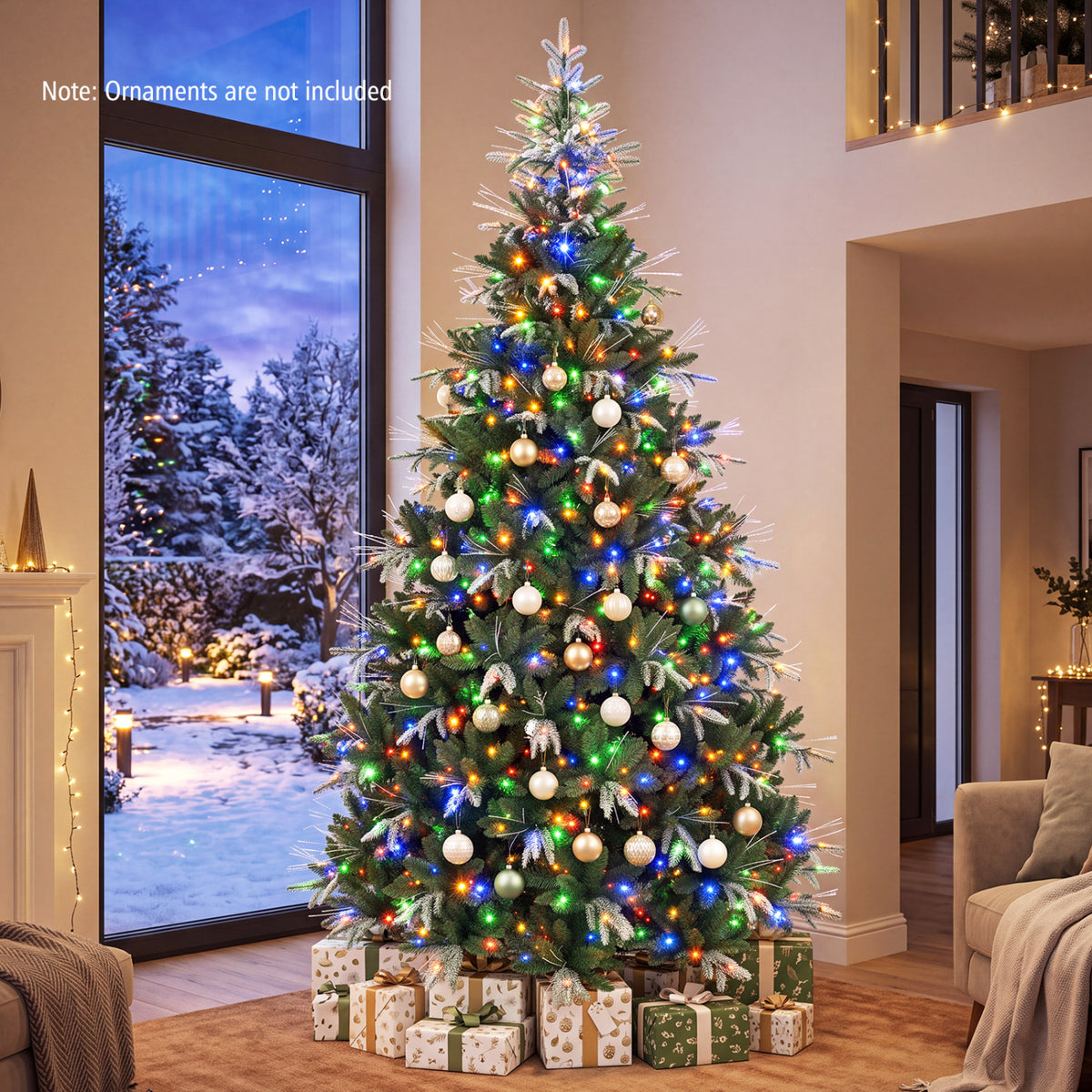 Christmas tree glows with multicolored lights and ornaments beside a large window and wrapped presents.