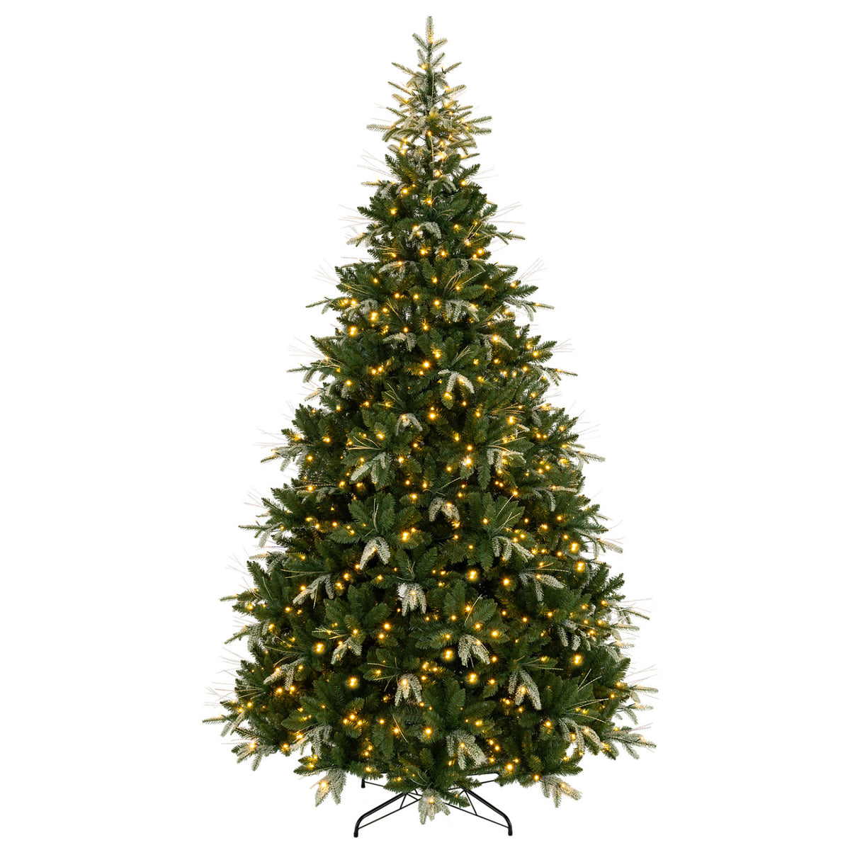 Green Christmas tree with warm lights and snowy-tipped branches displayed against a plain white background.