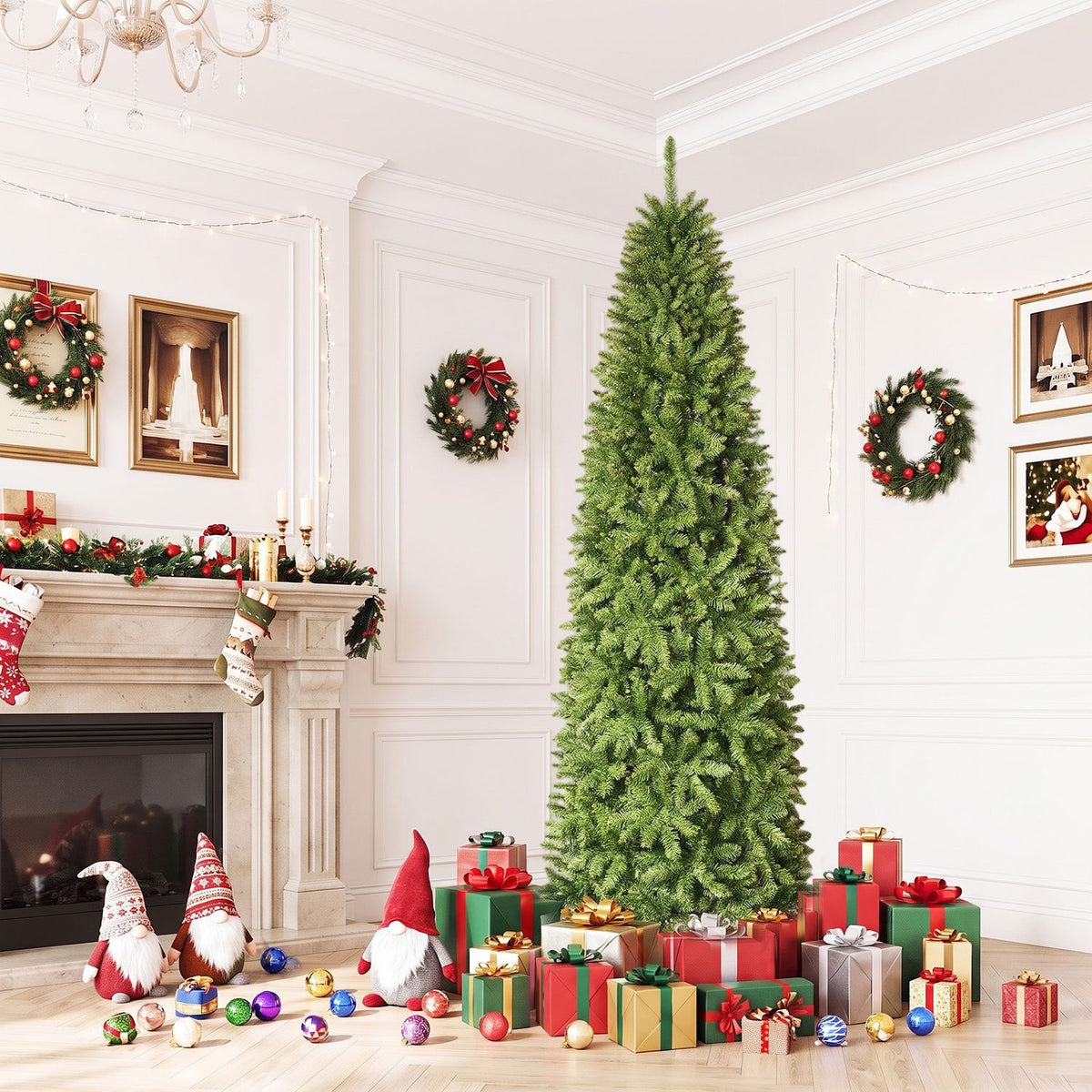 Unadorned green pencil Christmas tree displayed beside a fireplace with gifts and holiday decorations.