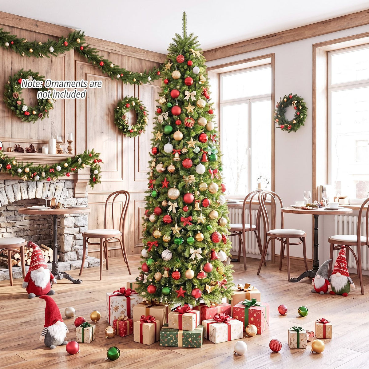 Pencil Christmas tree covered in colorful ornaments, with presents in a rustic dining room.