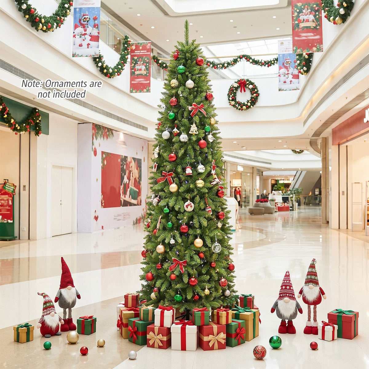A decorated Christmas tree stands in a bright shopping mall, surrounded by wrapped gifts and holiday figures.