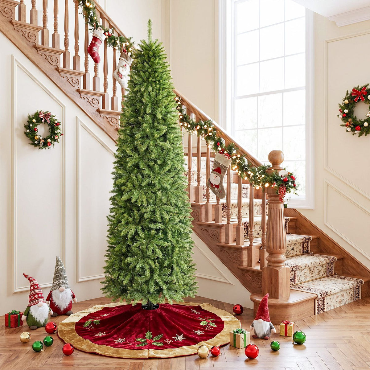 An undecorated green pencil tree stands on a red tree skirt beside a wooden staircase.