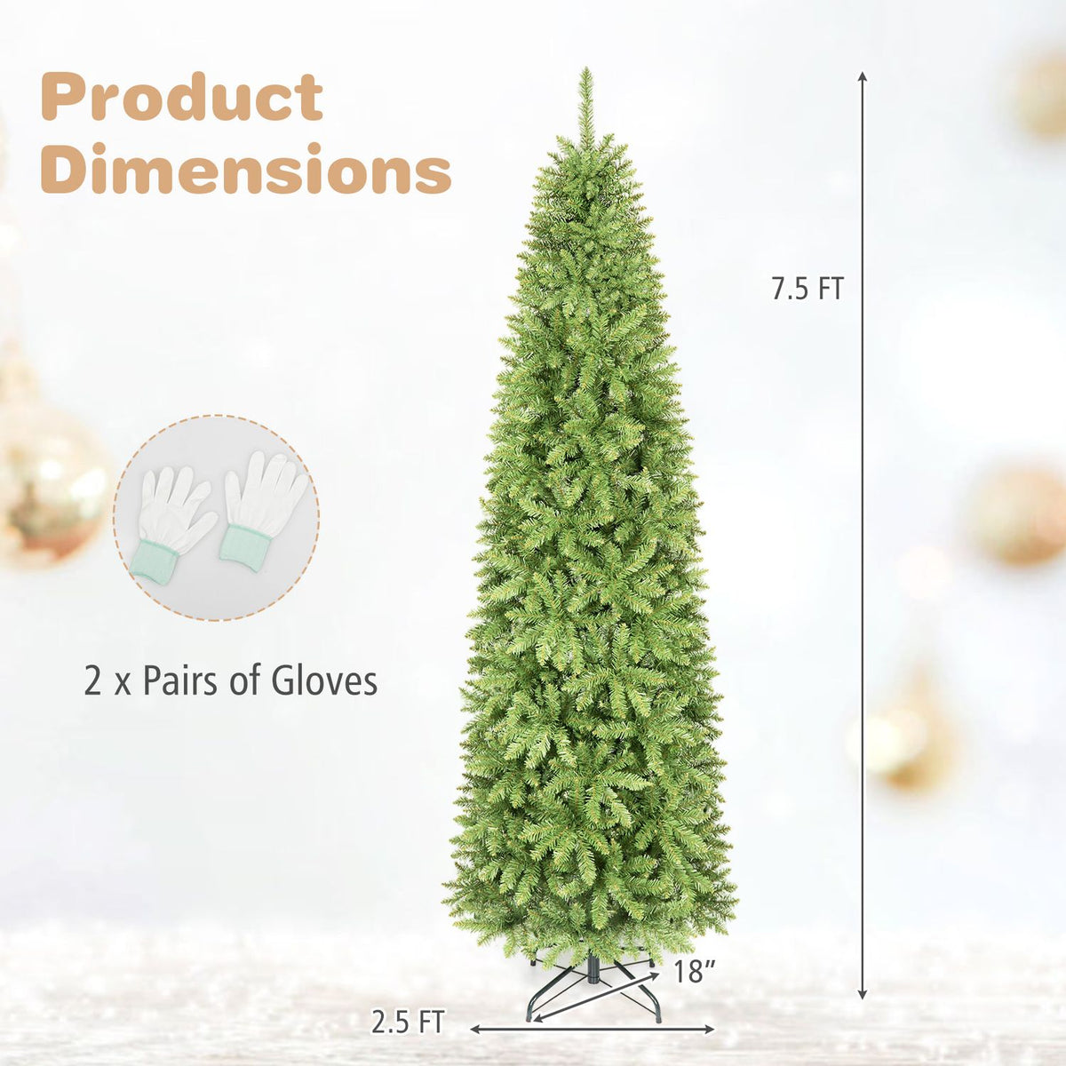 Pencil tree shown with measurement arrows and a small illustration of gloves.
