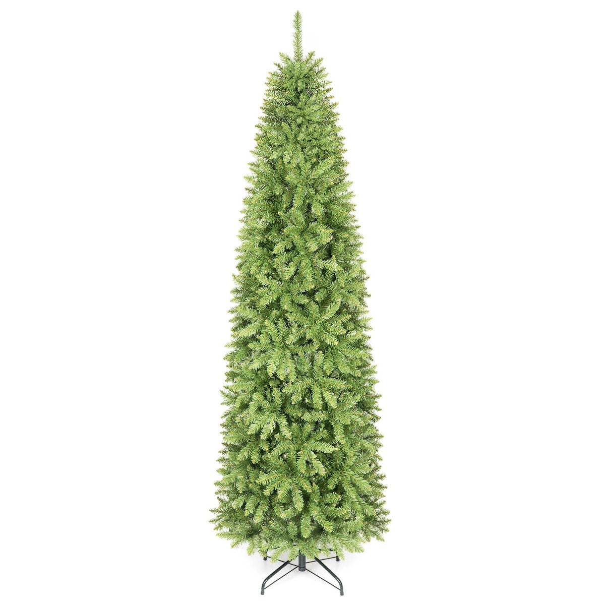 Full view of a bare green pencil tree with its folding metal stand against a white background.