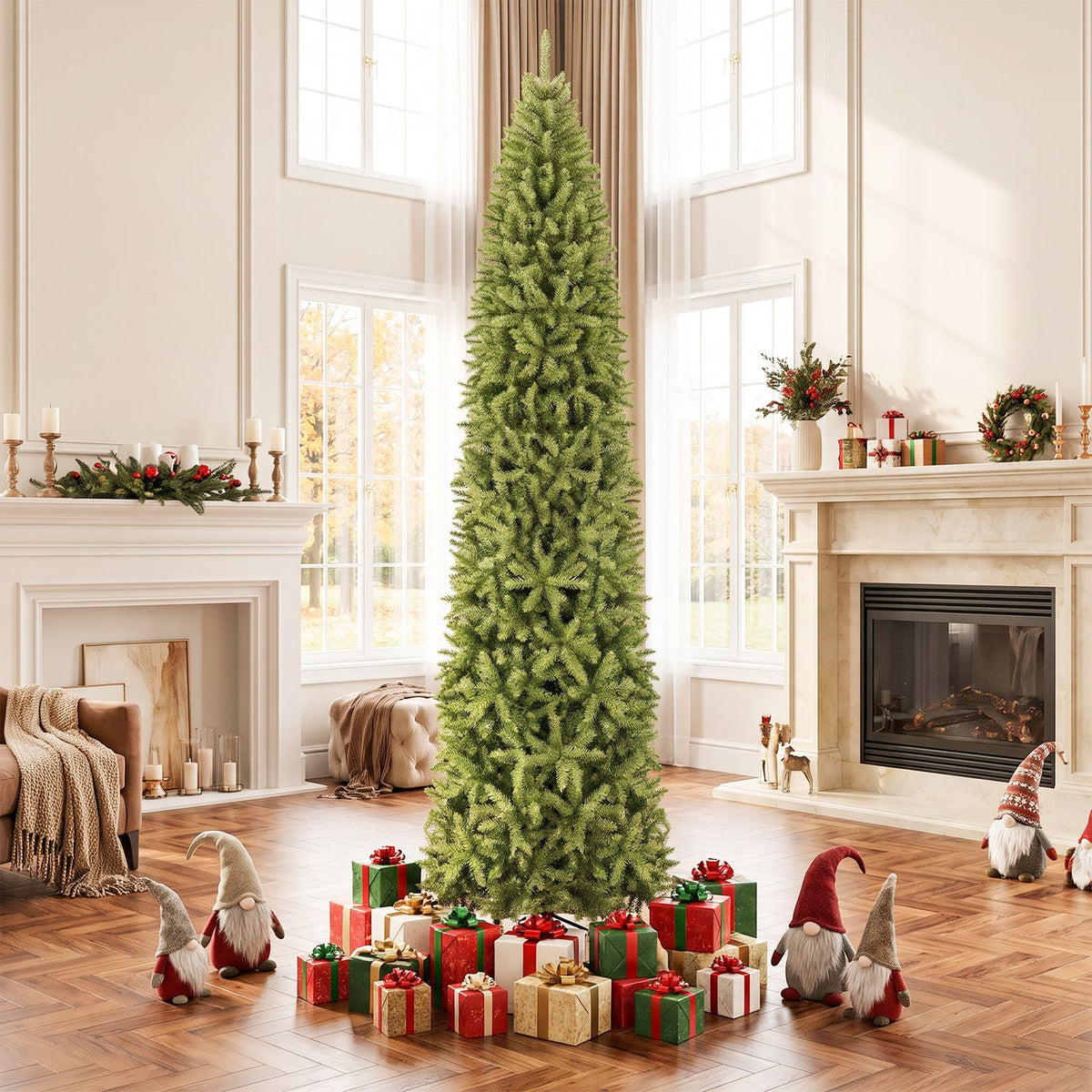 Tall, slim green Christmas tree stands among wrapped gifts in a bright living room.