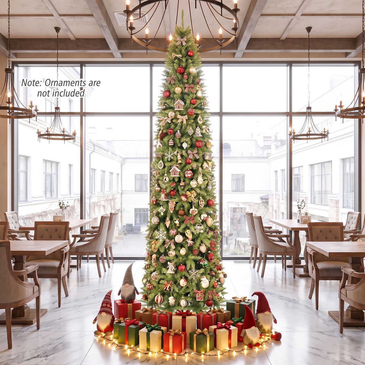 Ornament-covered Christmas tree with lights and presents in a spacious dining room.