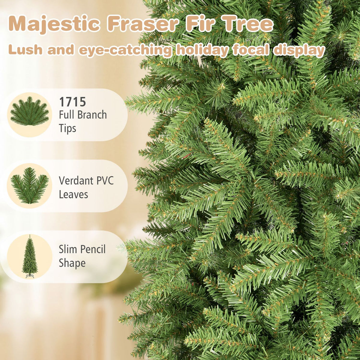 Close-up of dense green artificial tree branches and needle-like tips beside a feature callout graphic.