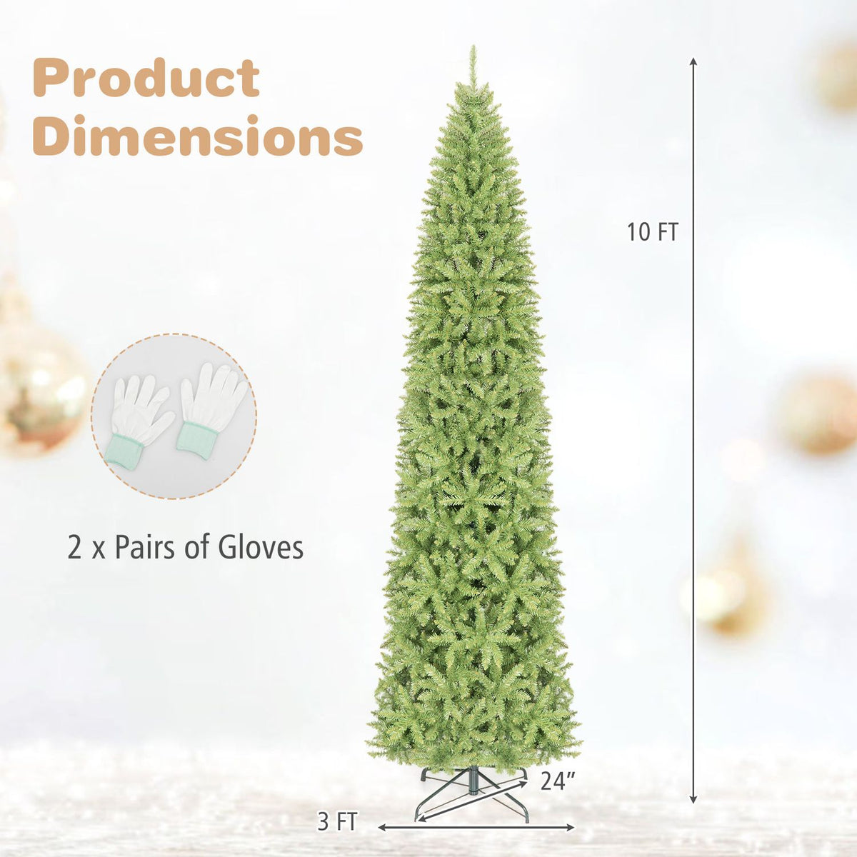 Slim green Christmas tree and folding stand shown with a circular inset of gloves.