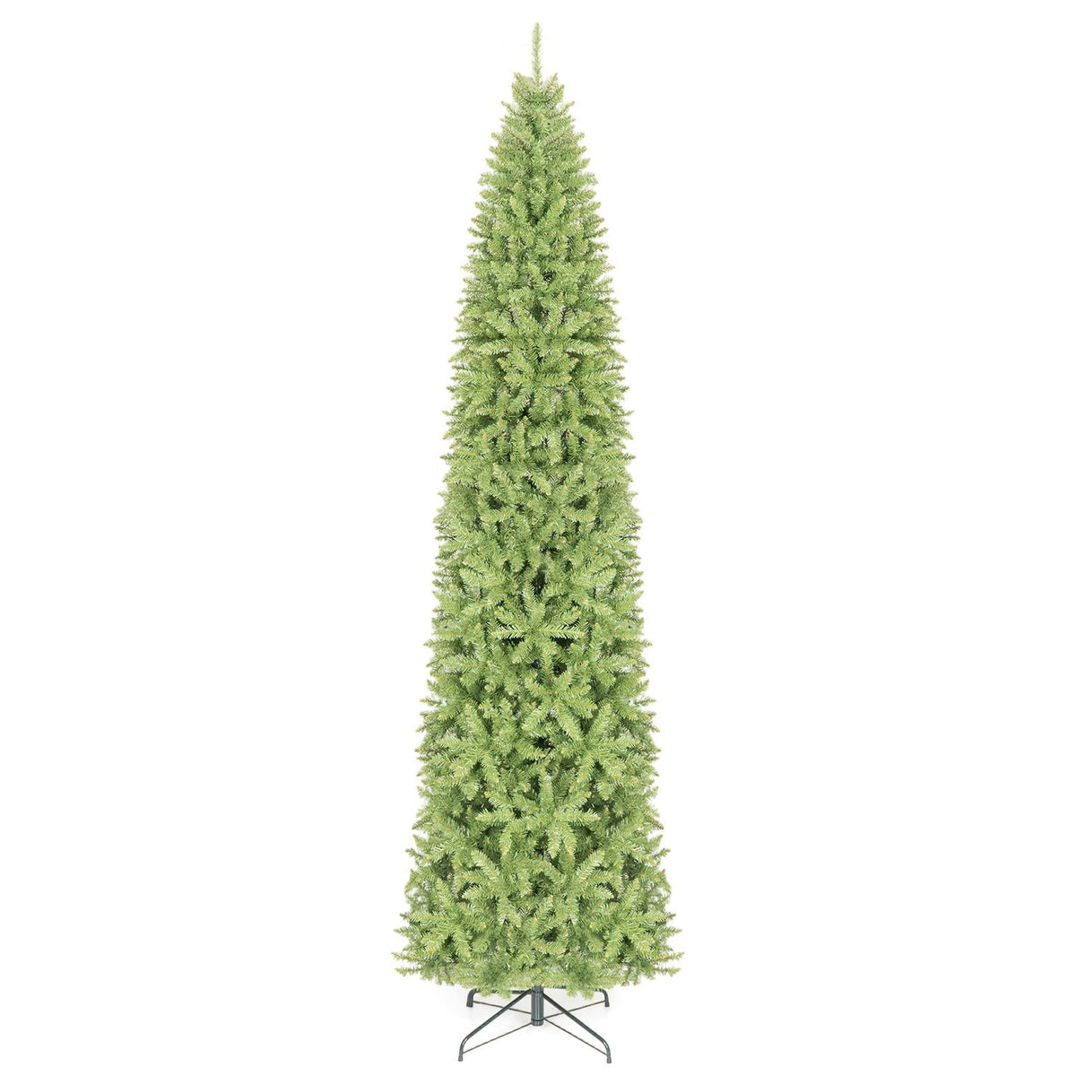 Unadorned, narrow green Christmas tree shown with its folding metal stand against a white background.