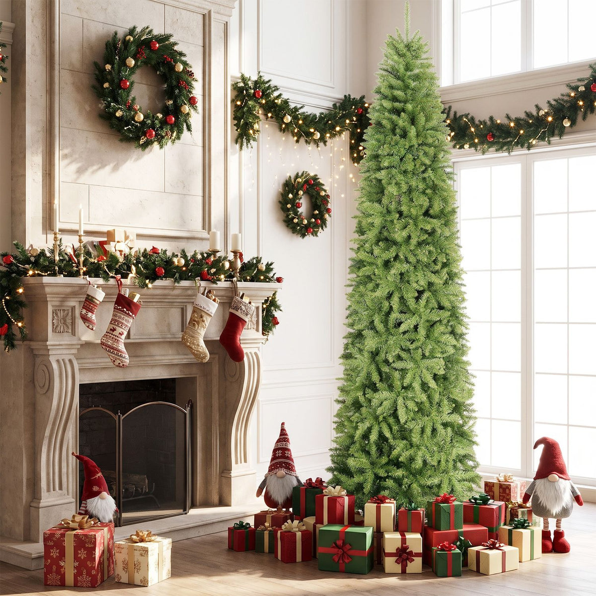 Undecorated green Christmas tree in a bright living room, with holiday garlands, stockings and gifts nearby.