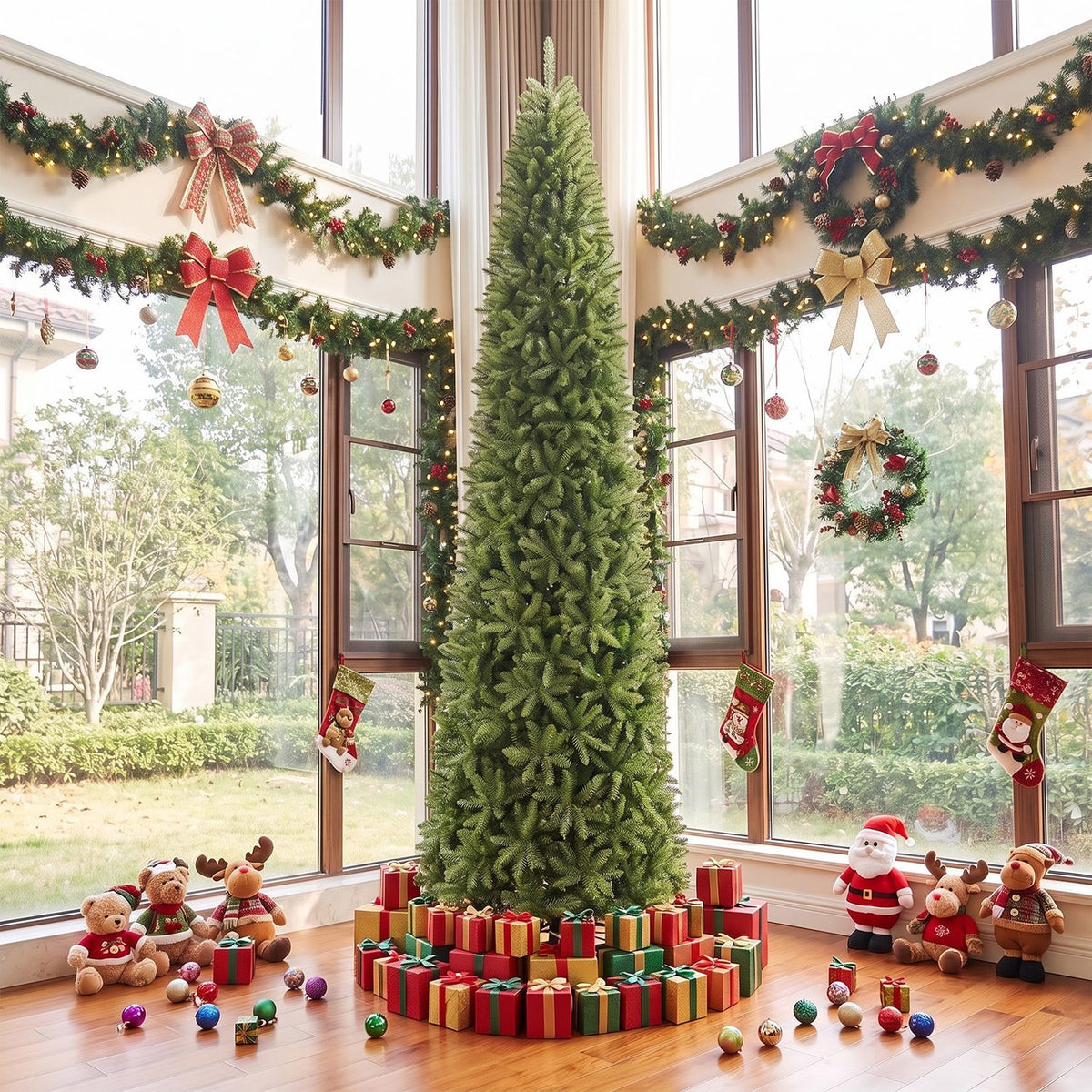 A tall, slim green Christmas tree stands among wrapped gifts in a bright room decorated with garlands and stockings.