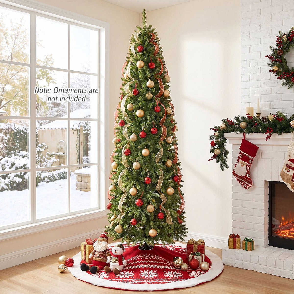 A decorated pencil Christmas tree stands beside a snowy window and a white brick fireplace.