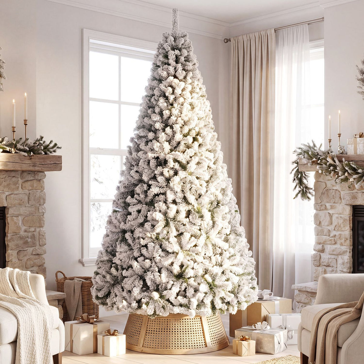A tall flocked Christmas tree stands undecorated in a bright living room, surrounded by wrapped gifts.