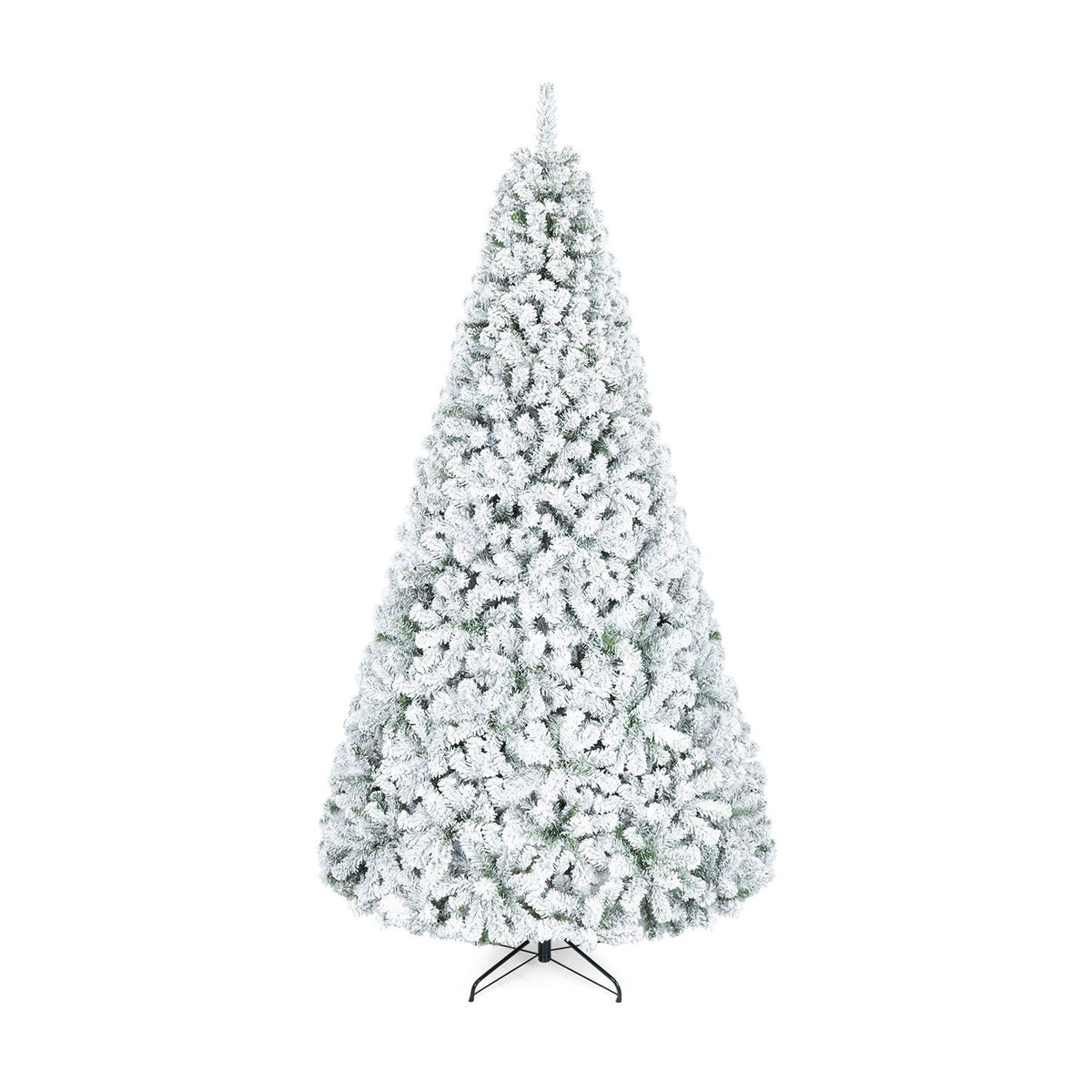 A full, heavily flocked Christmas tree on a dark metal stand against a white background.