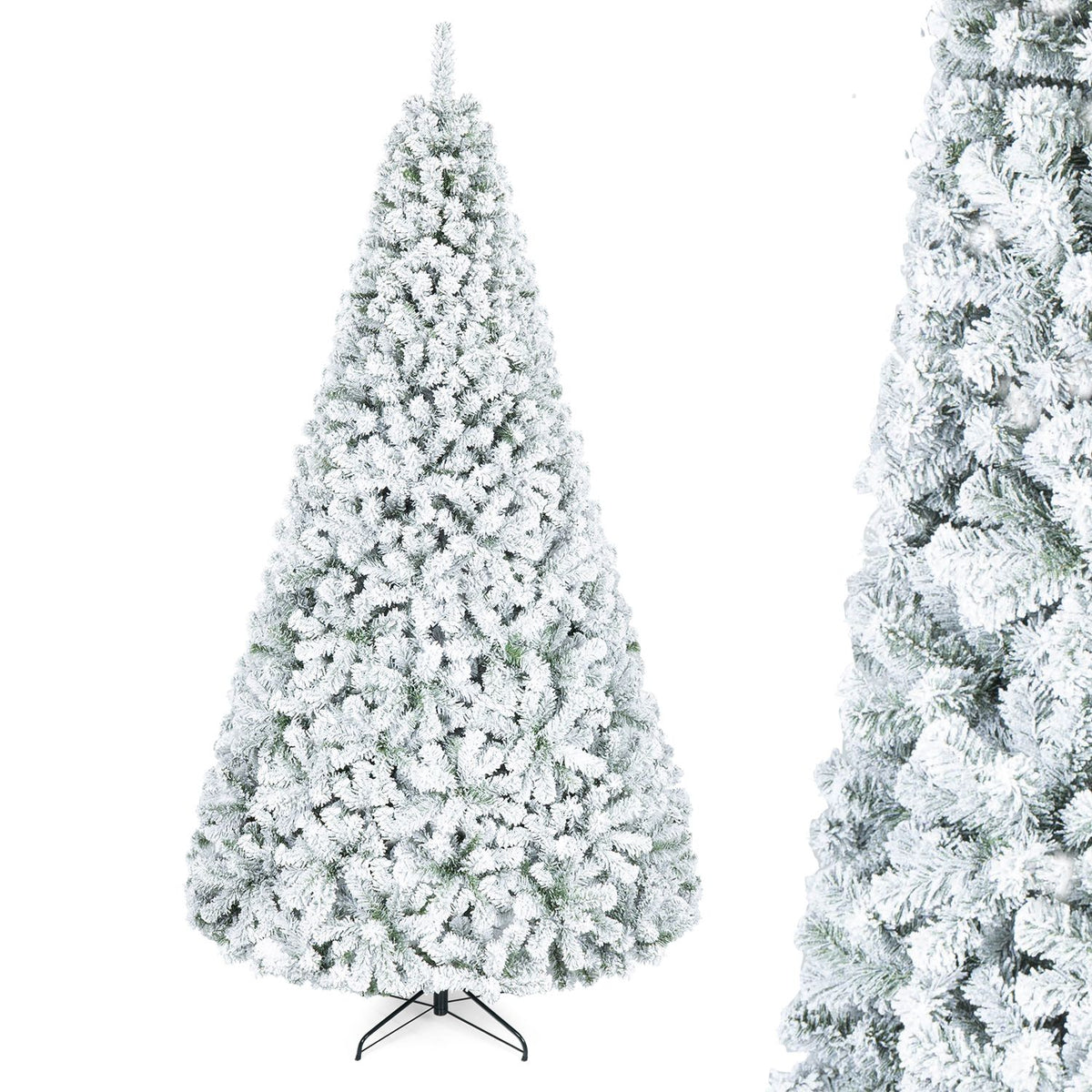 A flocked tree on a metal stand appears beside a close-up view of its snow-covered branches.