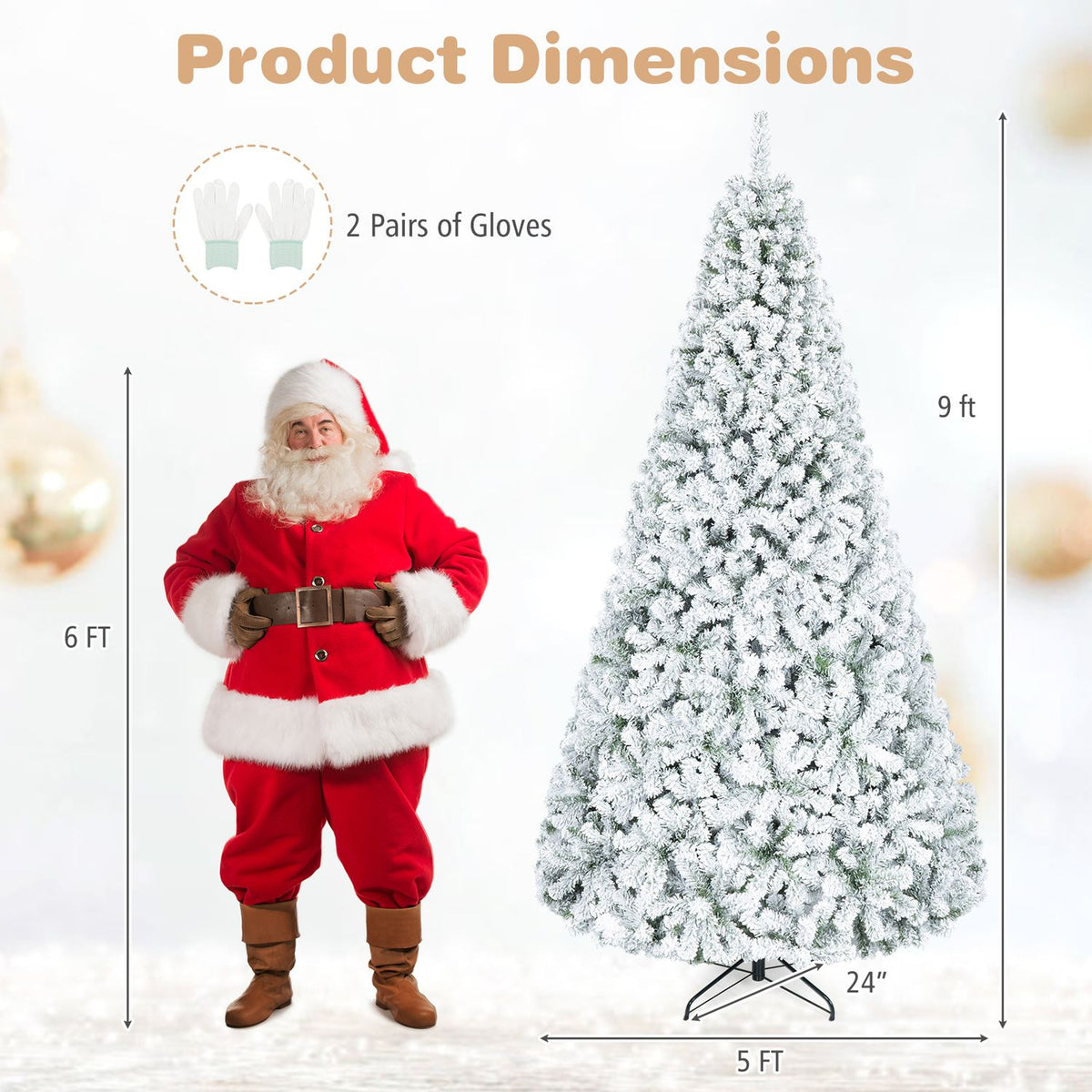 Snow-flocked Christmas tree beside a Santa figure, with measurement arrows and a small glove illustration.