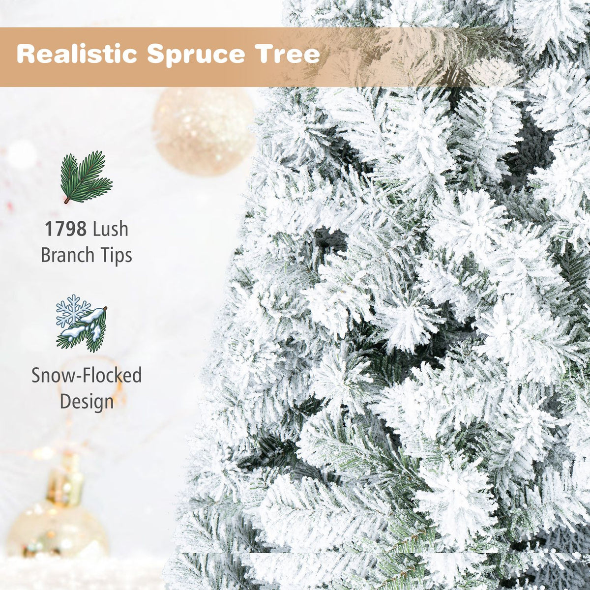 Close-up of snow-covered tree branches beside small evergreen and flocked branch illustrations.