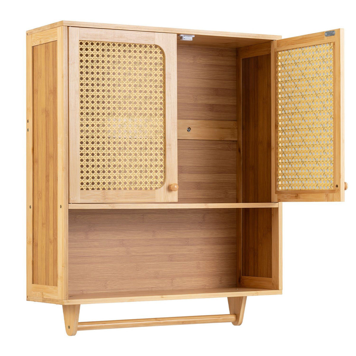 Bamboo Bathroom Wall Cabinet with Towel Rack and Ventilated Doors, Natrual
