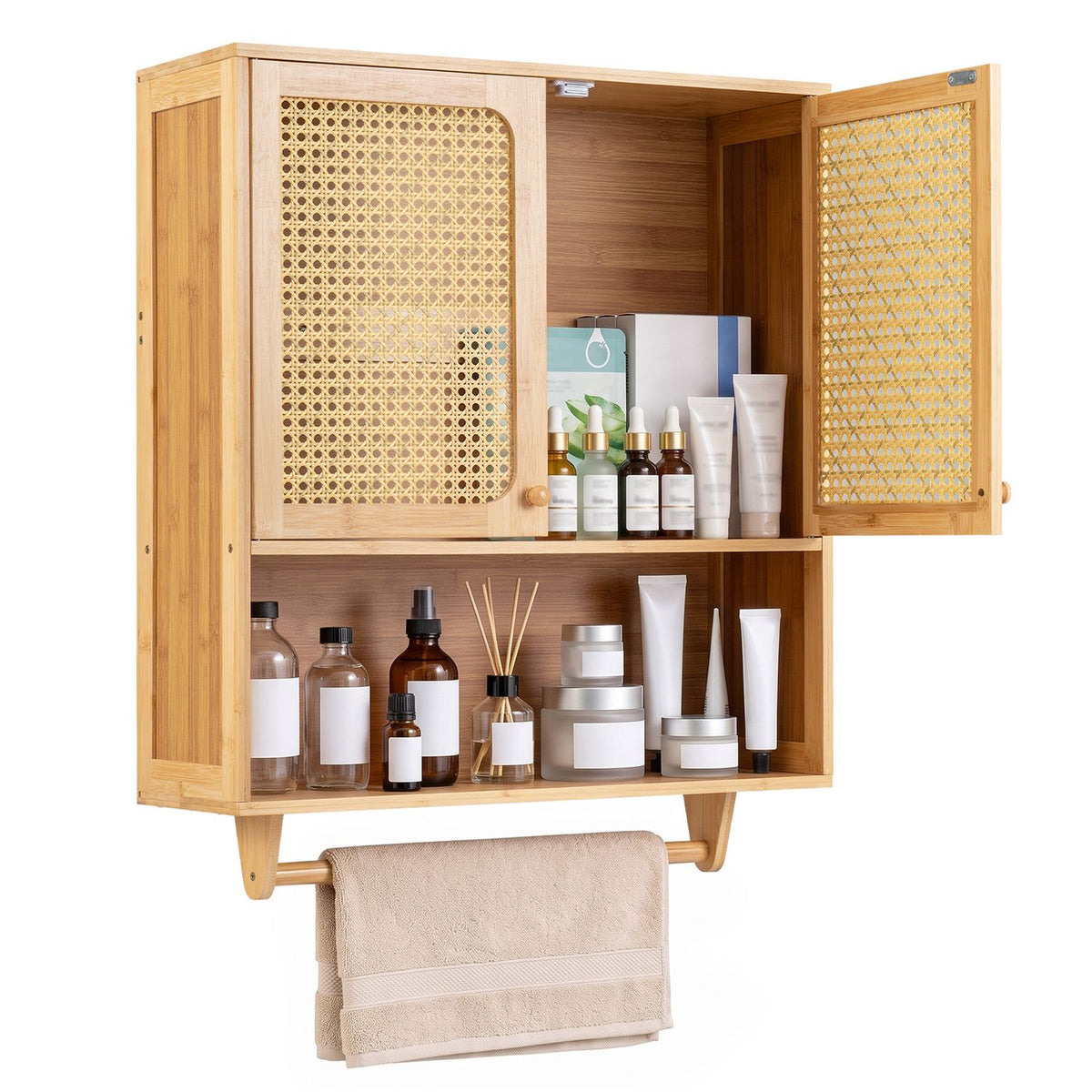 Bamboo Bathroom Wall Cabinet with Towel Rack and Ventilated Doors, Natrual