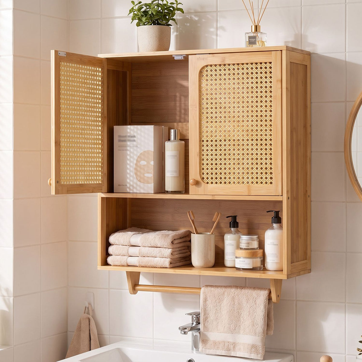 Bamboo Bathroom Wall Cabinet with Towel Rack and Ventilated Doors, Natrual
