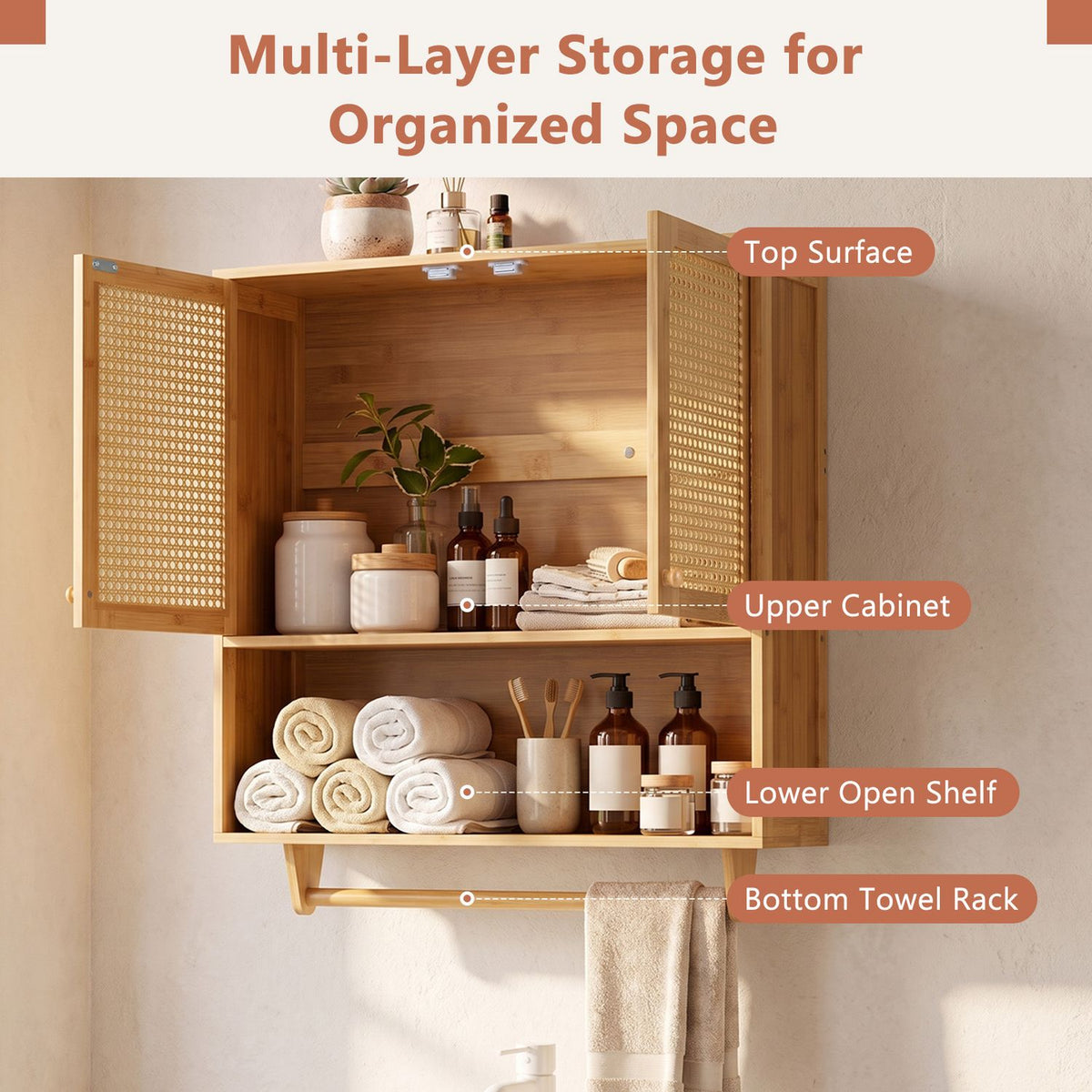 Bamboo Bathroom Wall Cabinet with Towel Rack and Ventilated Doors, Natrual