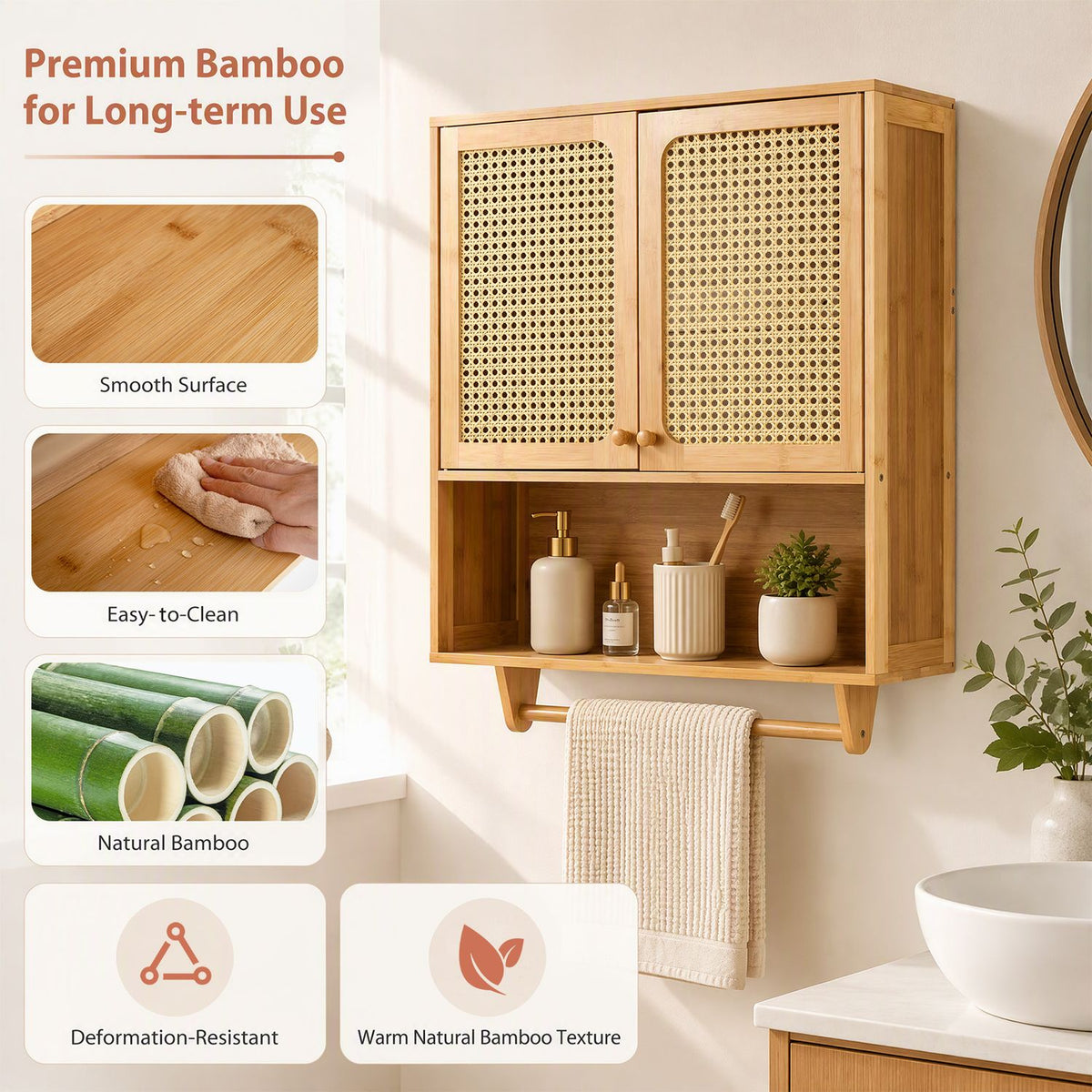 Bamboo Bathroom Wall Cabinet with Towel Rack and Ventilated Doors, Natrual