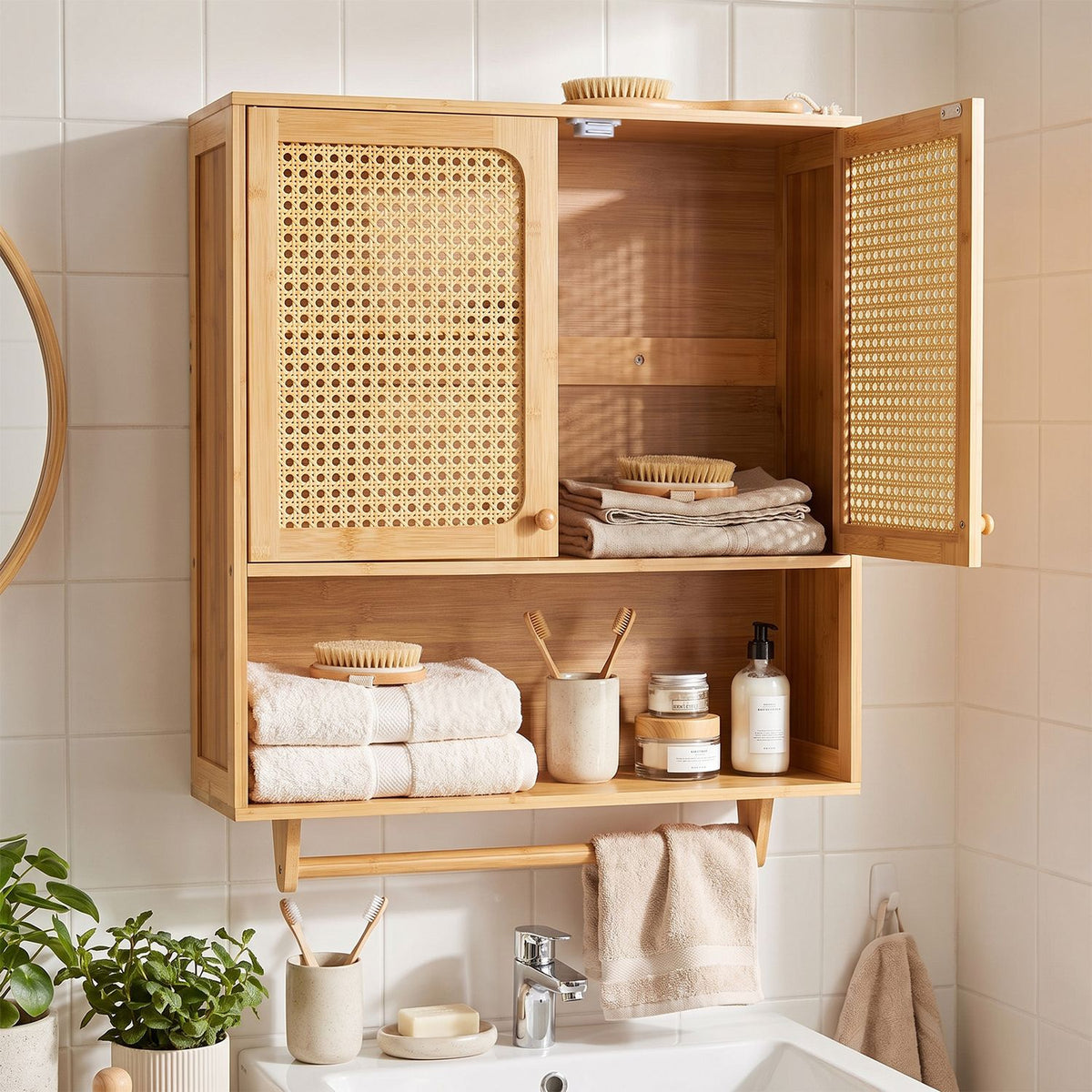 Bamboo Bathroom Wall Cabinet with Towel Rack and Ventilated Doors, Natrual